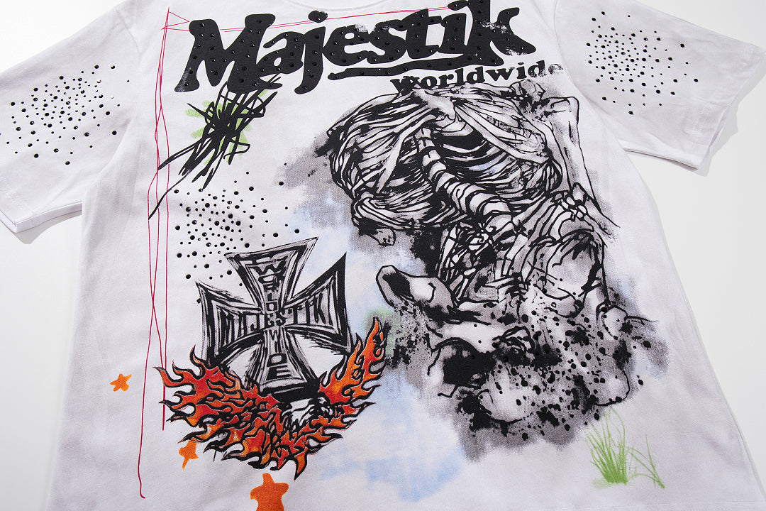 MAJESTIK White Washed Graffiti Street Art Vintage Graphic T‑Shirt