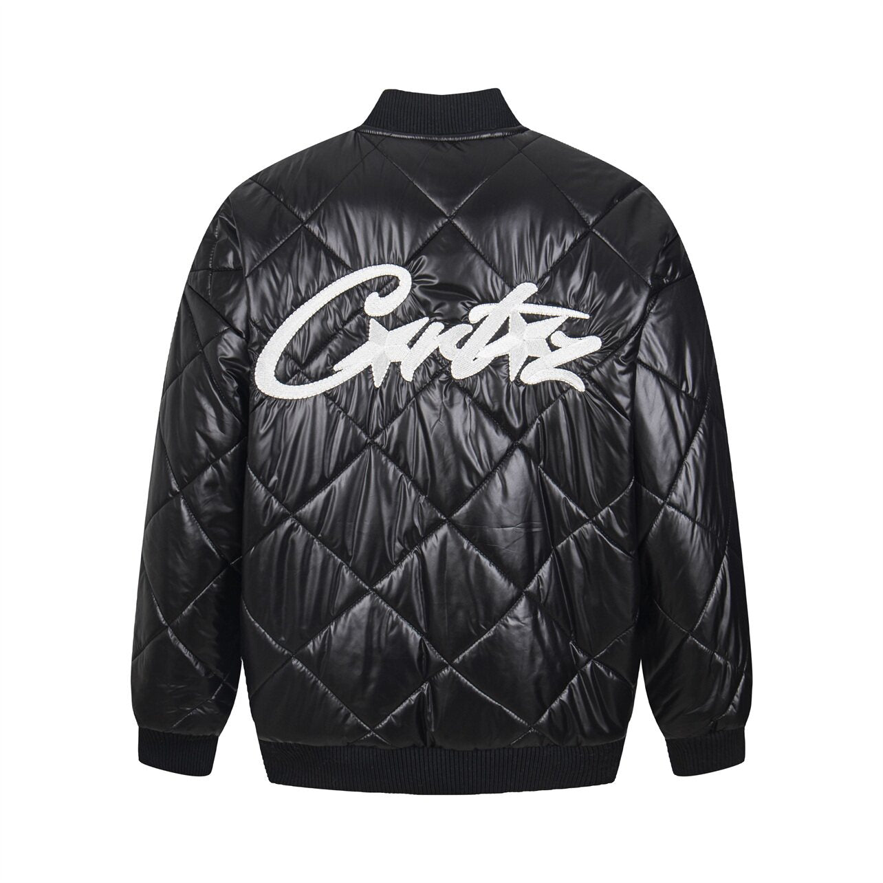 Black Diamond Quilted Bomber Jacket Script Logo Streetwear Padded Coat