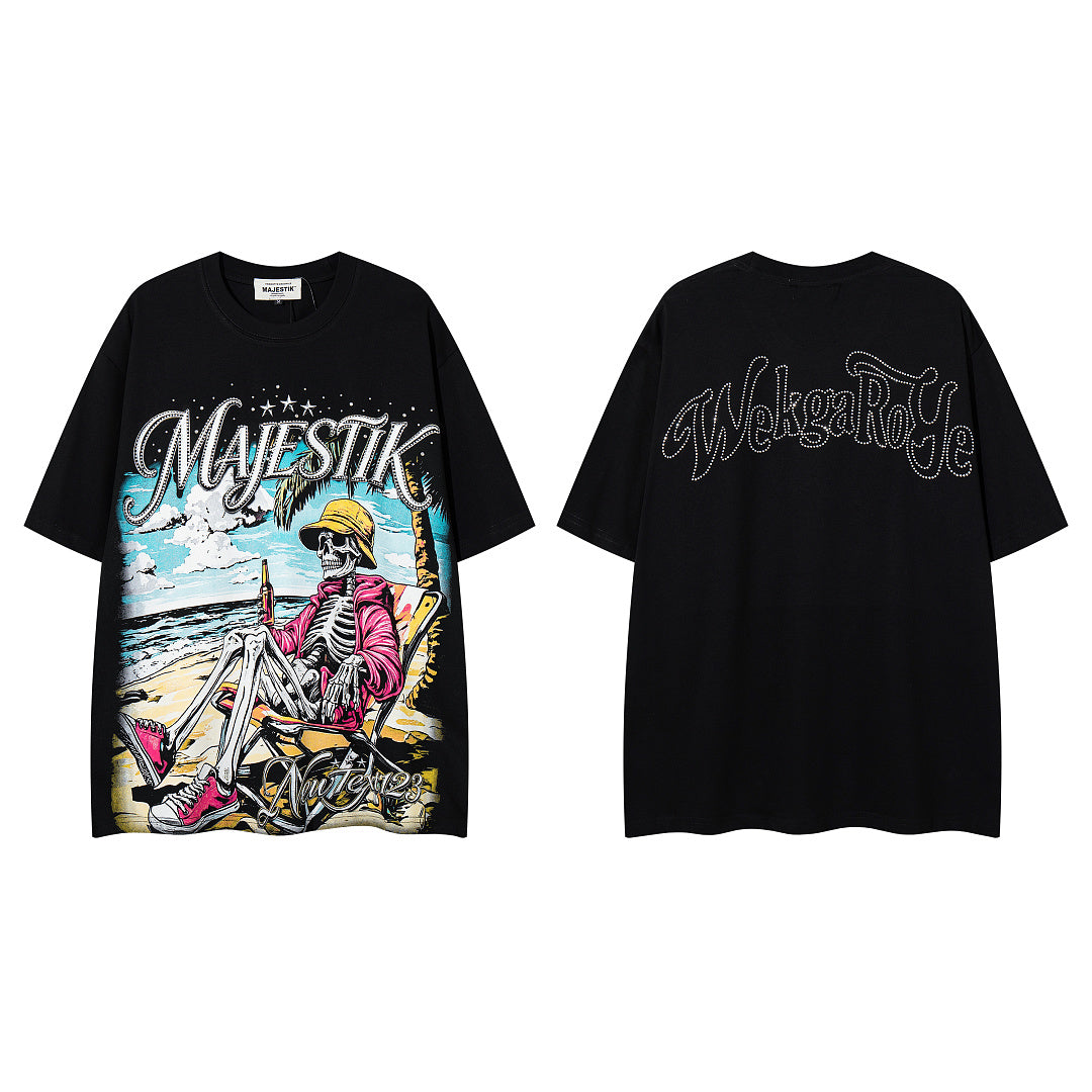 MAJESTIK Vintage Black Majestik Surf Skull Double‑Sided Graphic T‑Shirt