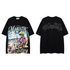 MAJESTIK Vintage Black Majestik Surf Skull Double‑Sided Graphic T‑Shirt