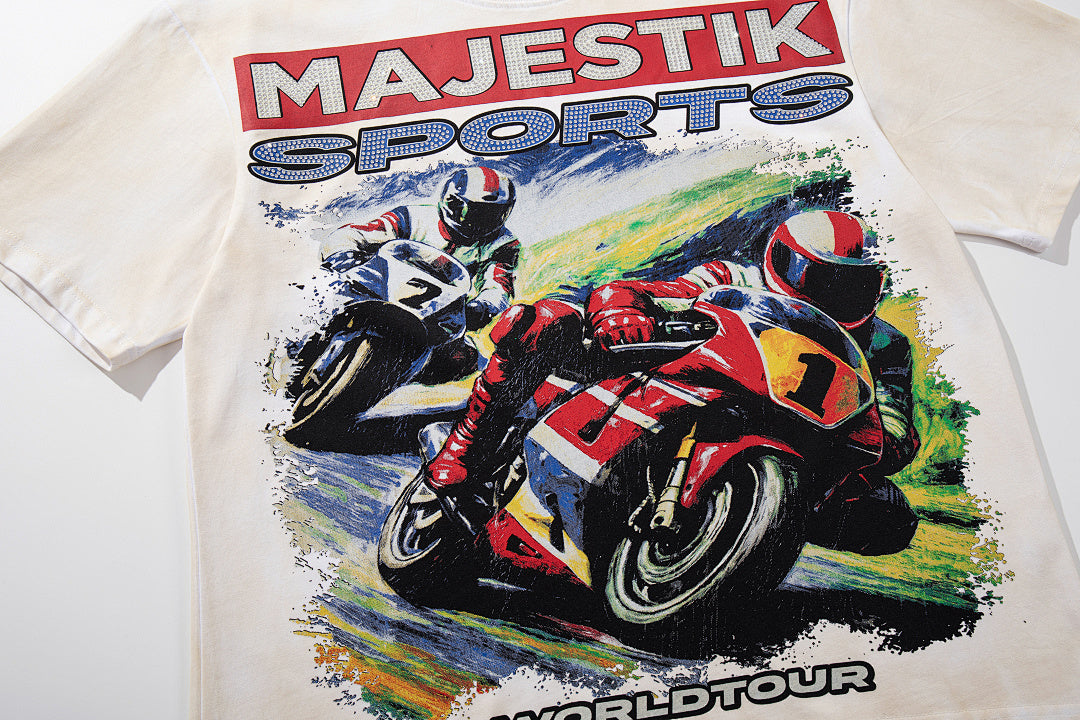 MAJESTIK Off‑White Washed Vintage Motorcycle Racing Graphic Band‑Style T‑Shirt