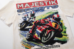 MAJESTIK Off‑White Washed Vintage Motorcycle Racing Graphic Band‑Style T‑Shirt