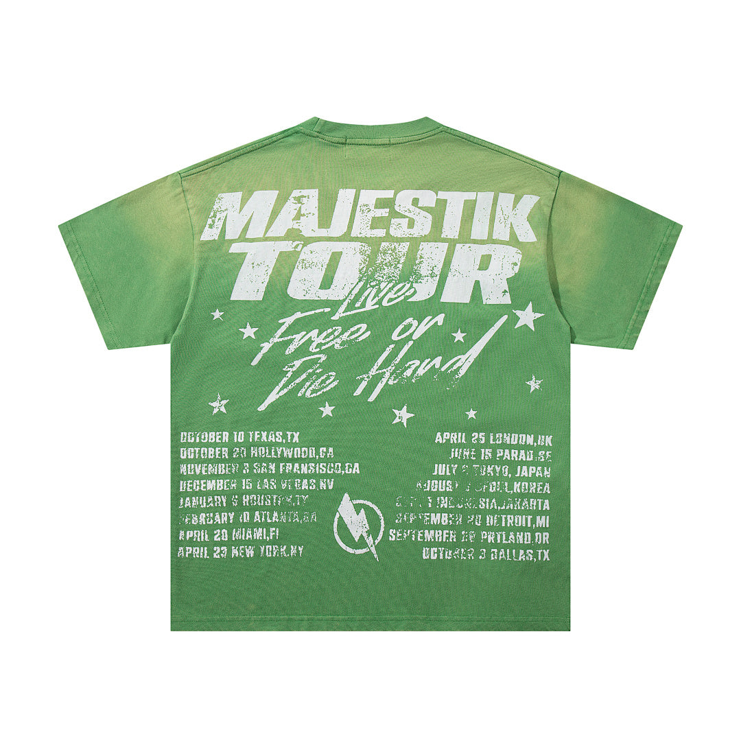 MAJESTIK Green Washed Vintage Tour Cruise City Double‑Sided Band‑Style Graphic T‑Shirt