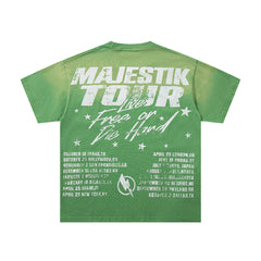 MAJESTIK Green Washed Vintage Tour Cruise City Double‑Sided Band‑Style Graphic T‑Shirt