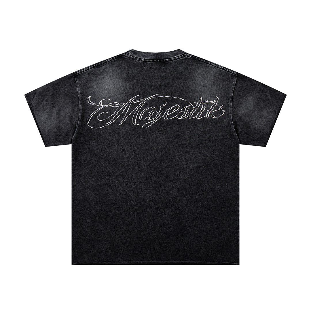 MAJESTIK Black Washed Vintage Astronaut Floral Double‑Sided Graphic Band‑Style T‑Shirt