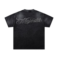 MAJESTIK Black Washed Vintage Astronaut Floral Double‑Sided Graphic Band‑Style T‑Shirt