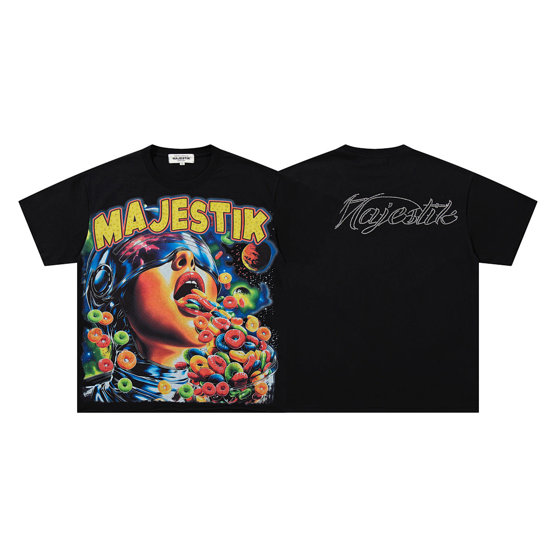 MAJESTIK Black Vintage Psychedelic Portrait Band‑Style Graphic T‑Shirt