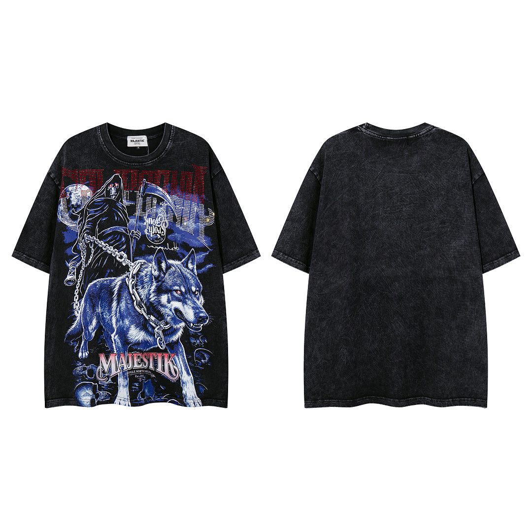 MAJESTIK Vintage Black Wolf Beast Graphic Short‑Sleeve T‑Shirt