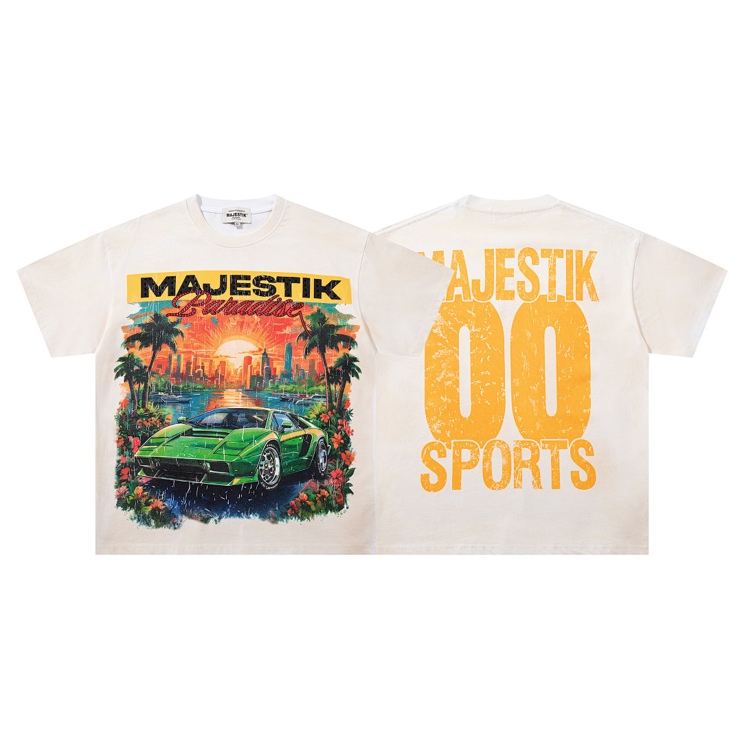 MAJESTIK Off‑White Washed Vintage Sports Car Palm Double‑Sided Graphic T‑Shirt