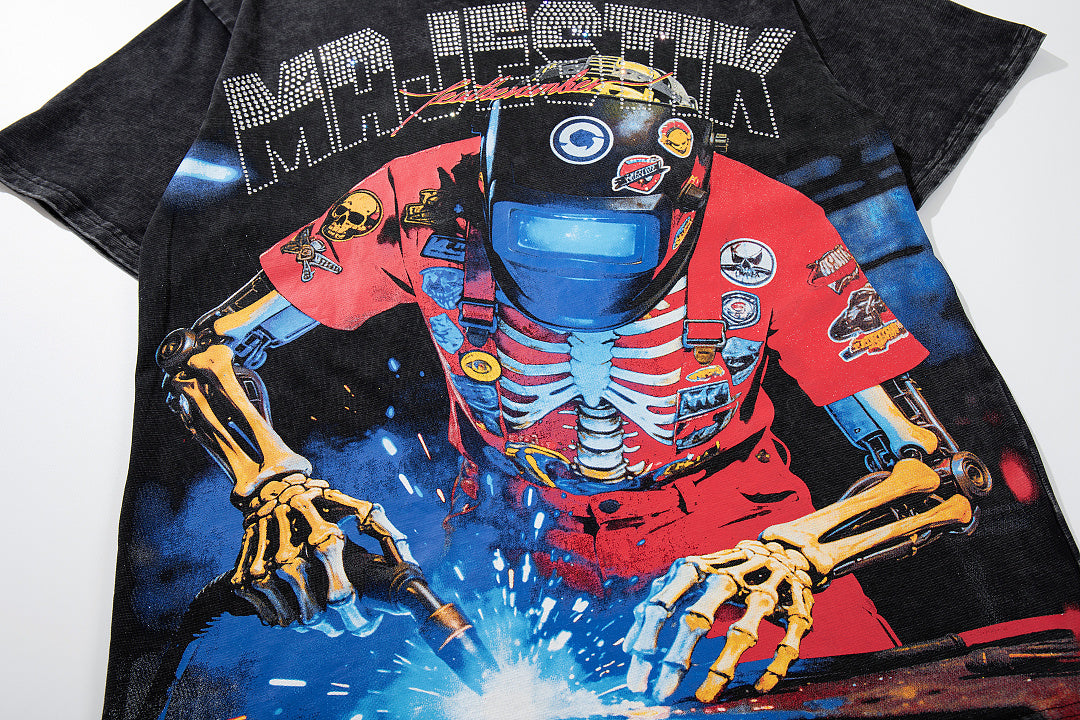 MAJESTIK Vintage Black Skeleton Robot Double‑Sided Graphic T‑Shirt