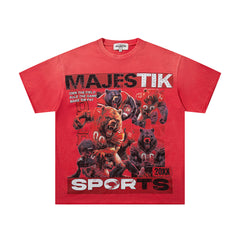 MAJESTIK Red Washed Vintage Sports Beast Double‑Sided Graphic Band‑Style T‑Shirt