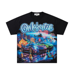 MAJESTIK Black Vintage Cyber Fantasy Cityscape Band‑Style Graphic T‑Shirt