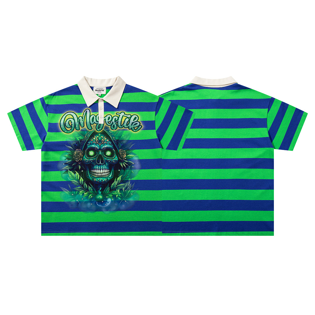 MAJESTIK Green Blue Stripe Monster Graphic Vintage Polo Shirt