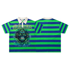 MAJESTIK Green Blue Stripe Monster Graphic Vintage Polo Shirt