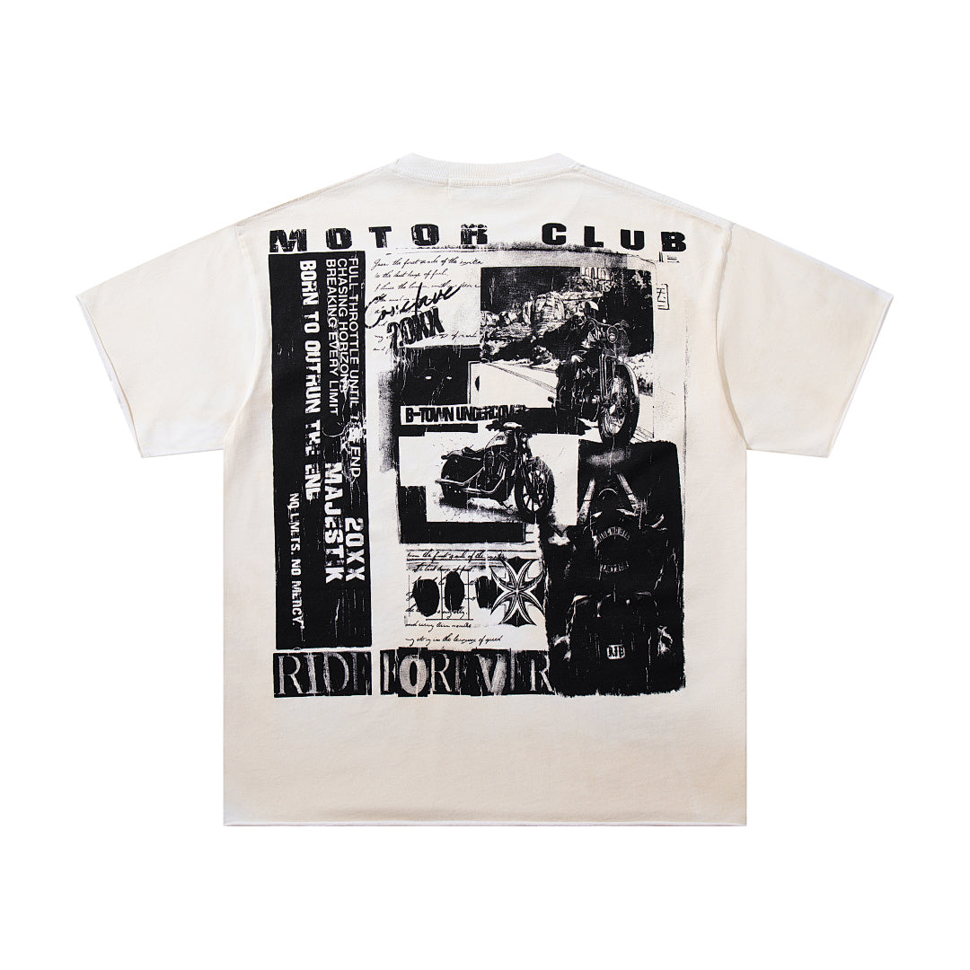 MAJESTIK Off‑White Washed Vintage Black‑White Collage Band‑Style Graphic T‑Shirt