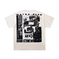 MAJESTIK Off‑White Washed Vintage Black‑White Collage Band‑Style Graphic T‑Shirt