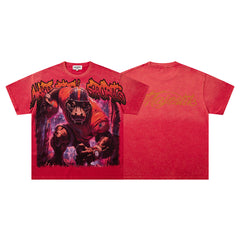 MAJESTIK Red Washed Monster Portrait Vintage Graphic T‑Shirt
