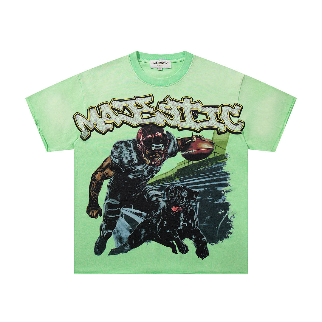 MAJESTIK Light Green Washed Vintage Football Player Double‑Sided Graphic Band‑Style T‑Shirt