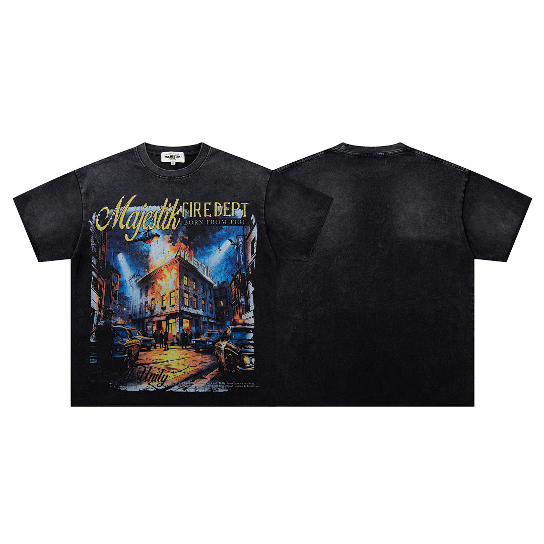 MAJESTIK Black Vintage Night Castle Band‑Style Graphic T‑Shirt