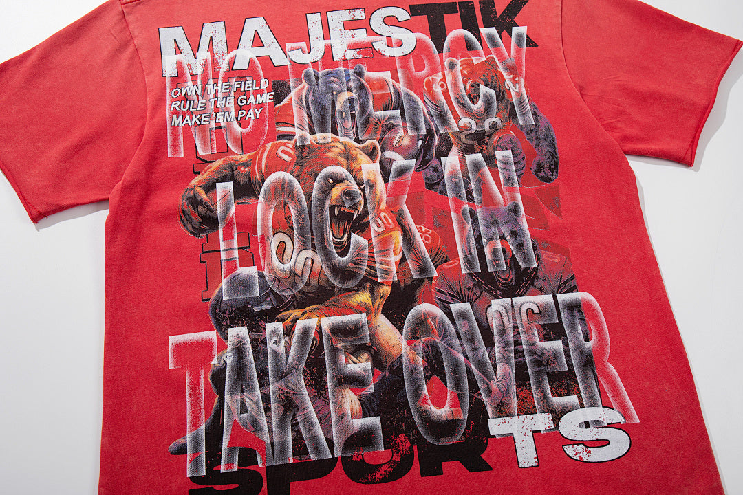 MAJESTIK Red Washed Vintage Sports Beast Double‑Sided Graphic Band‑Style T‑Shirt