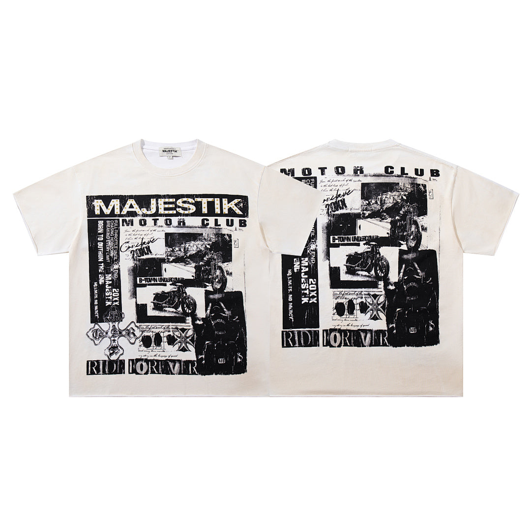 MAJESTIK Off‑White Washed Vintage Black‑White Collage Band‑Style Graphic T‑Shirt