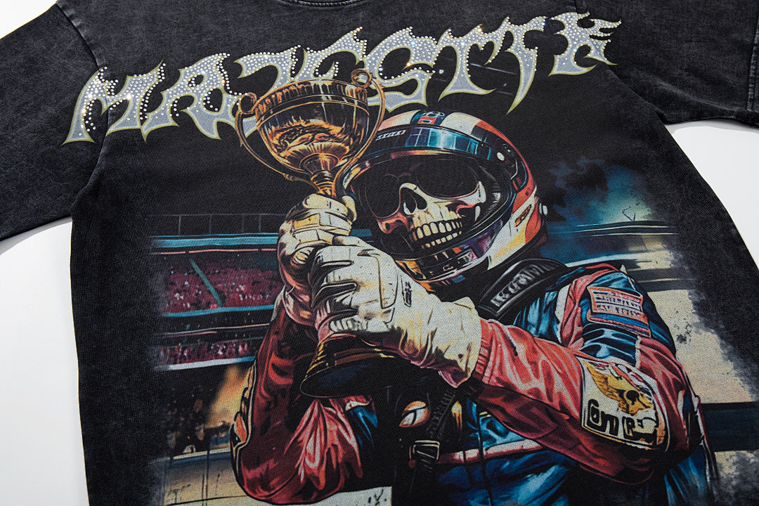 MAJESTIK Black Washed Vintage Mask‑Figure Double‑Sided Graphic Band‑Style T‑Shirt