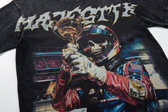 MAJESTIK Black Washed Vintage Mask‑Figure Double‑Sided Graphic Band‑Style T‑Shirt