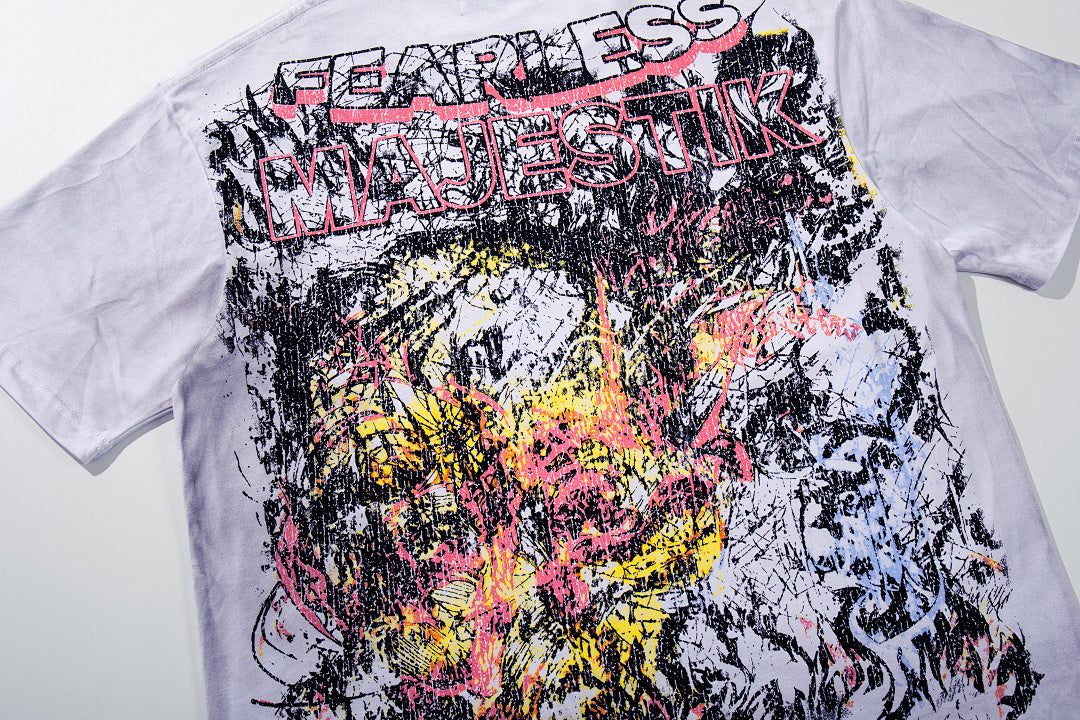 MAJESTIK Off‑White Washed Vintage Graffiti Art Collage Double‑Sided Band‑Style T‑Shirt