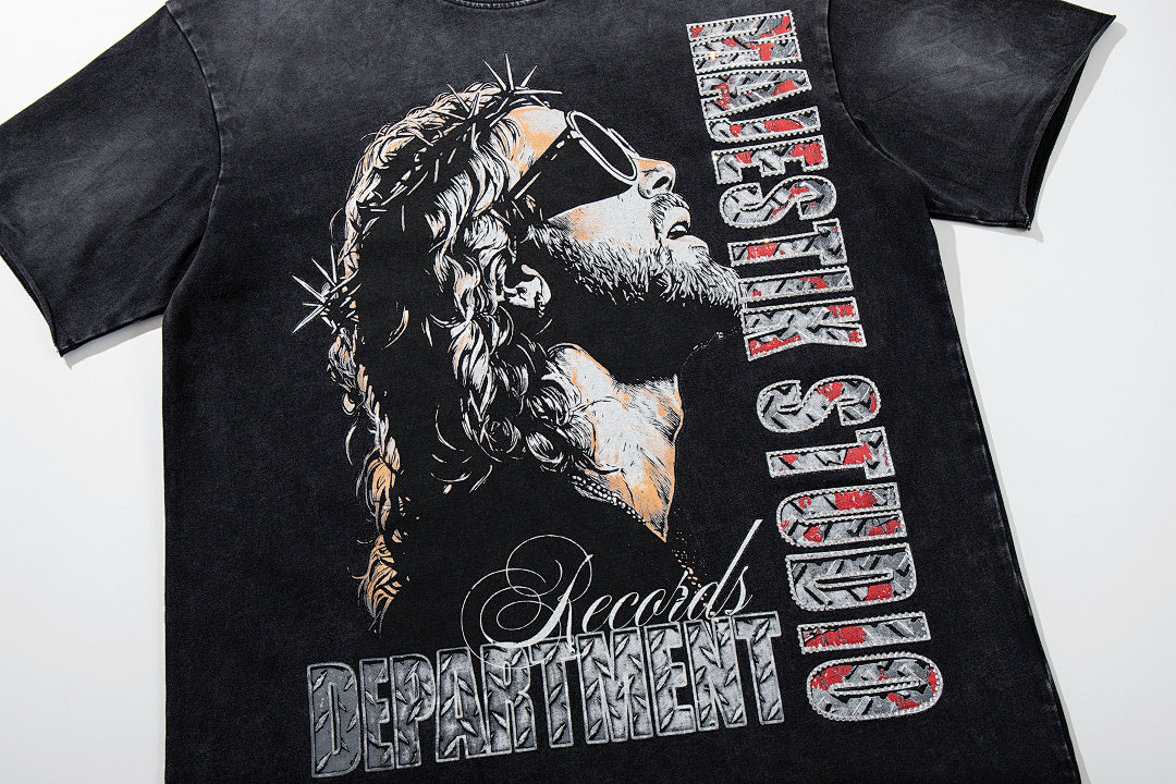 MAJESTIK Black Washed Vintage Eagle Raptor Double‑Sided Graphic Band‑Style T‑Shirt