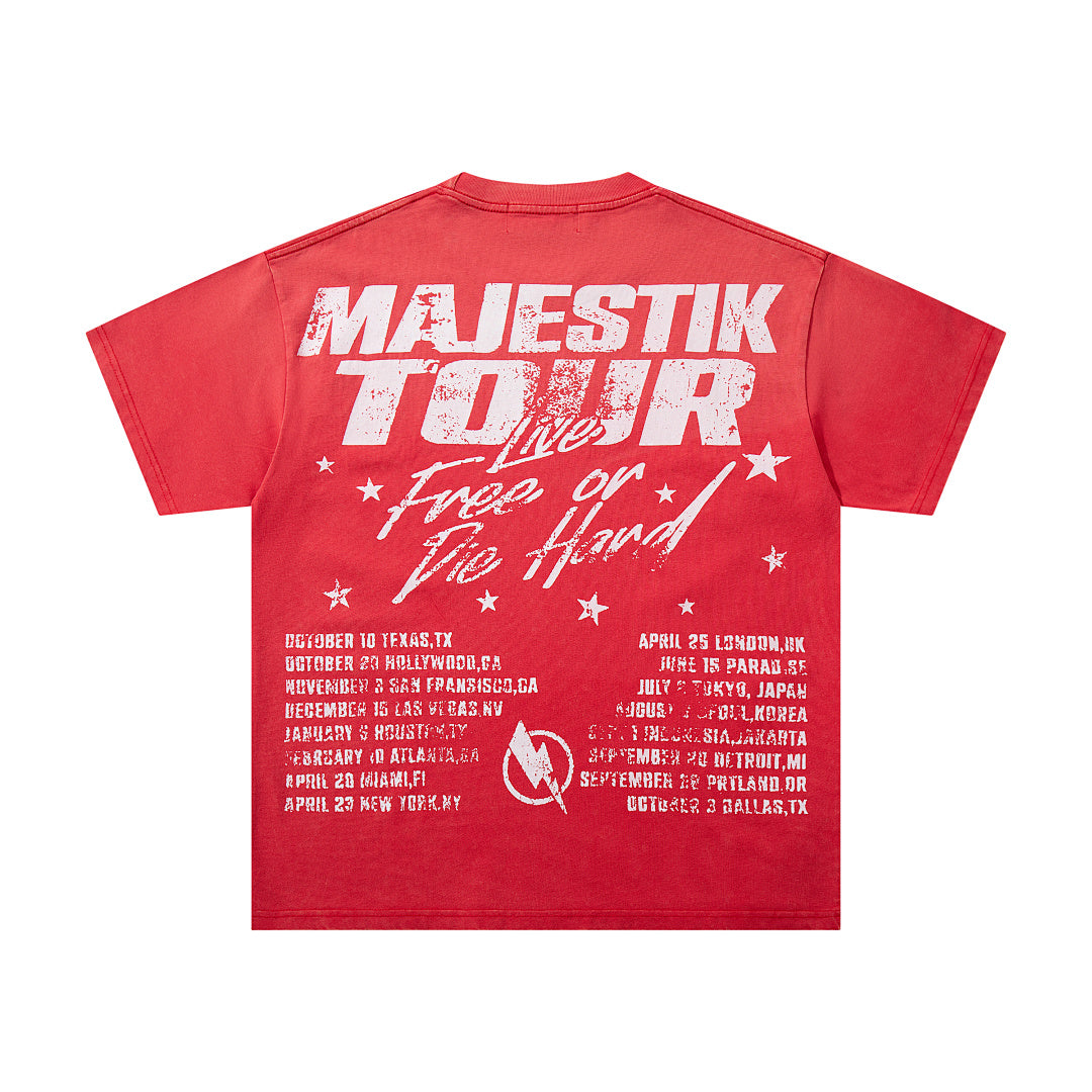 MAJESTIK Red Washed Vintage Tour‑Theme Double‑Sided Band‑Style Graphic T‑Shirt