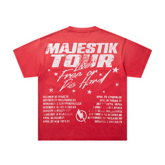 MAJESTIK Red Washed Vintage Tour‑Theme Double‑Sided Band‑Style Graphic T‑Shirt