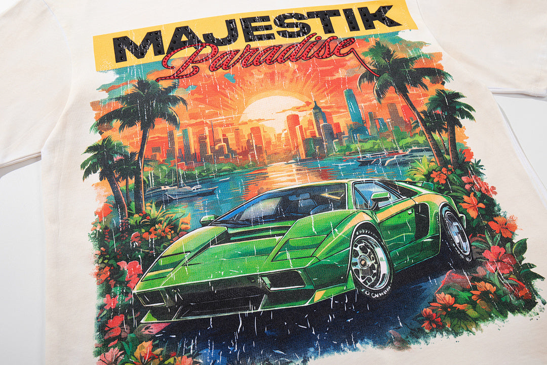 MAJESTIK Off‑White Washed Vintage Sports Car Palm Double‑Sided Graphic T‑Shirt