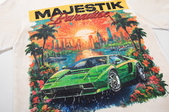 MAJESTIK Off‑White Washed Vintage Sports Car Palm Double‑Sided Graphic T‑Shirt