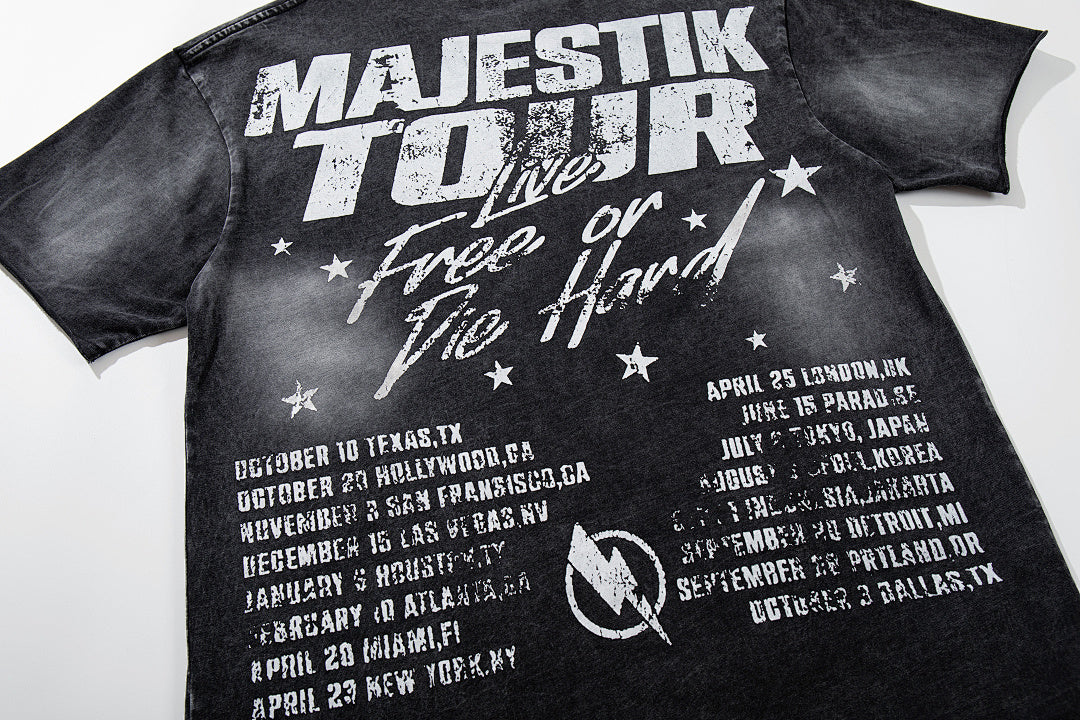 MAJESTIK Black Washed Vintage Band Tour Double‑Sided Graphic Band‑Style T‑Shirt