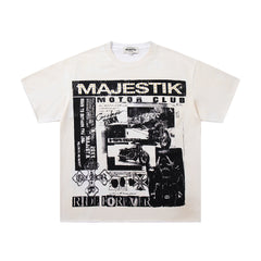 MAJESTIK Off‑White Washed Vintage Black‑White Collage Band‑Style Graphic T‑Shirt
