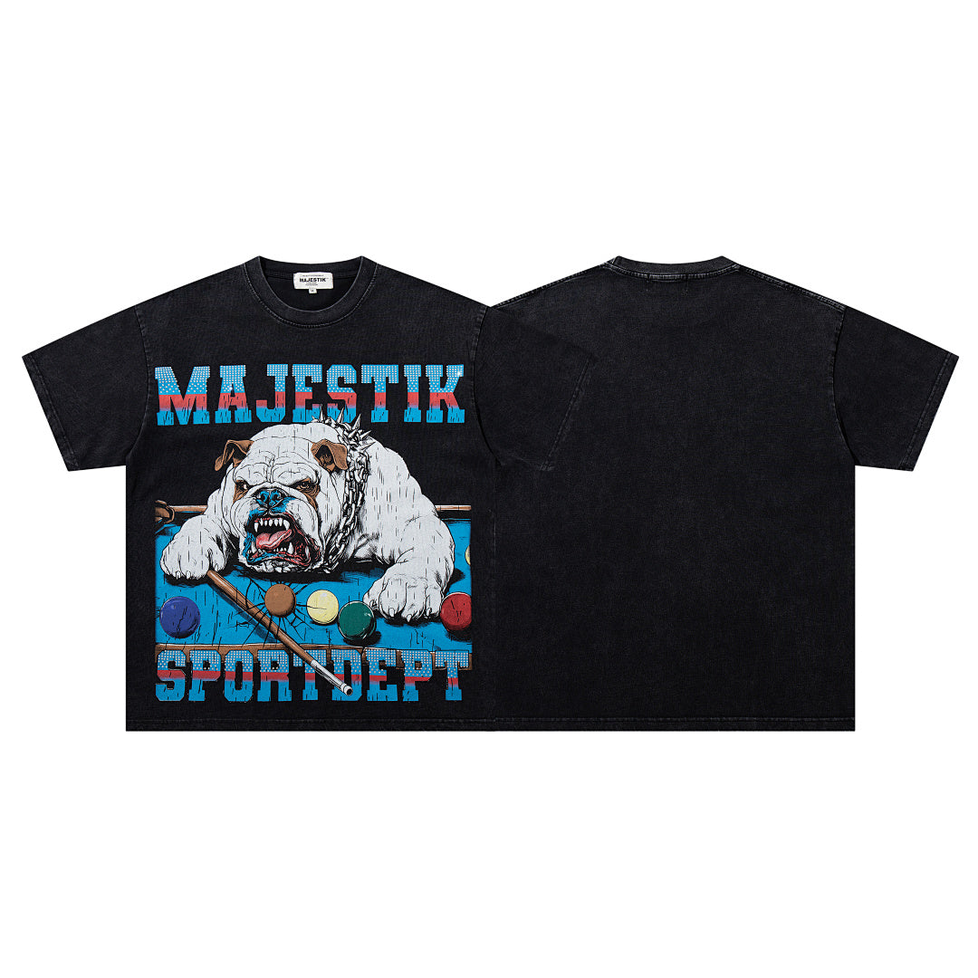 MAJESTIK Black Washed Vintage Bulldog Graphic Band‑Style T‑Shirt