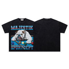 MAJESTIK Black Washed Vintage Bulldog Graphic Band‑Style T‑Shirt
