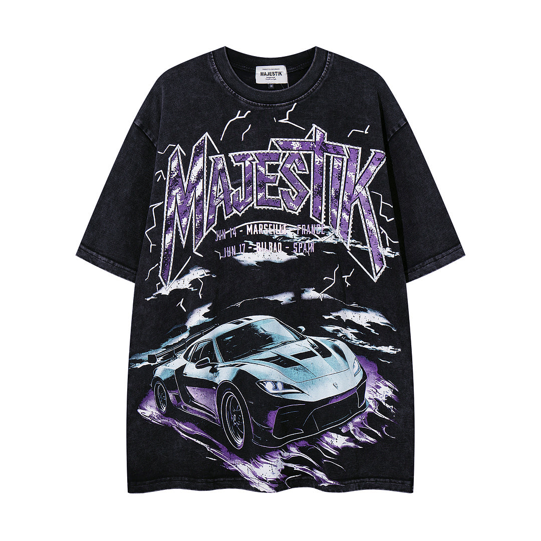 MAJESTIK Vintage Black Metal Concert Car Double‑Sided Graphic T‑Shirt