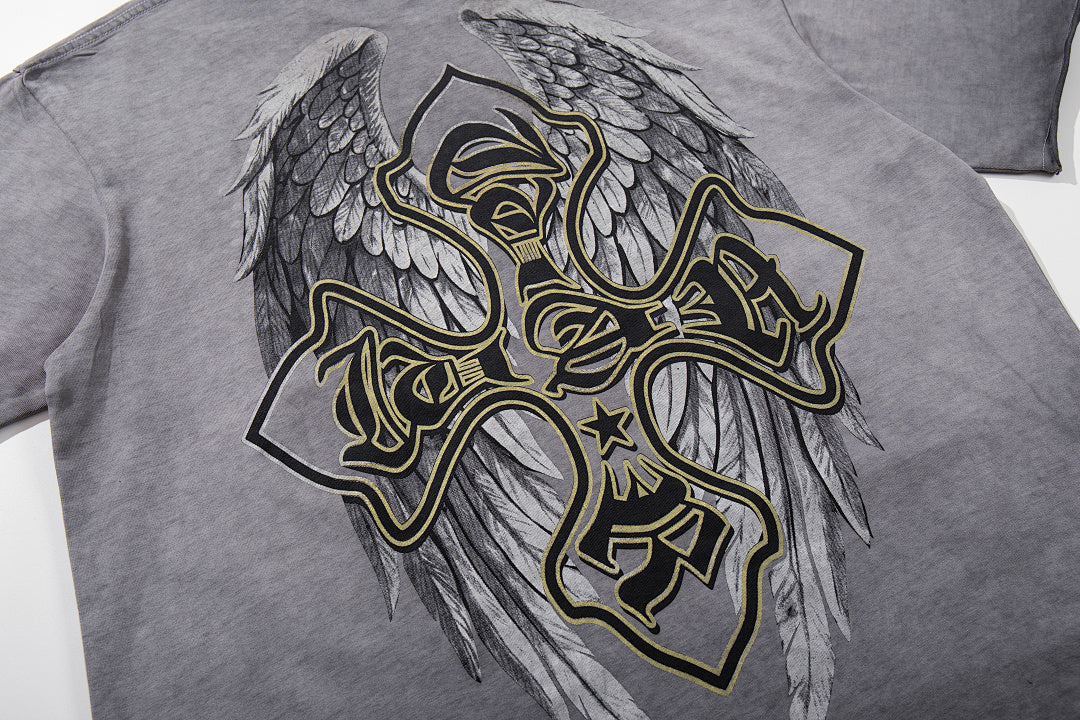 MAJESTIK Grey Black Washed Vintage Portrait Totem Double‑Sided Graphic Band‑Style T‑Shirt