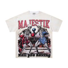 MAJESTIK Off‑White Washed Vintage Boxing Fighter Double‑Sided Graphic Band‑Style T‑Shirt