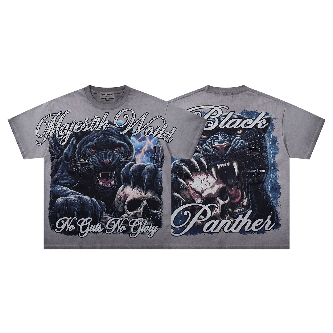 MAJESTIK Washed Grey Black Panther Vintage Graphic T‑Shirt