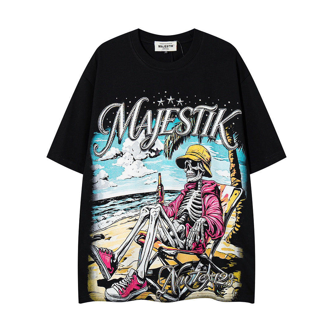 MAJESTIK Vintage Black Majestik Surf Skull Double‑Sided Graphic T‑Shirt