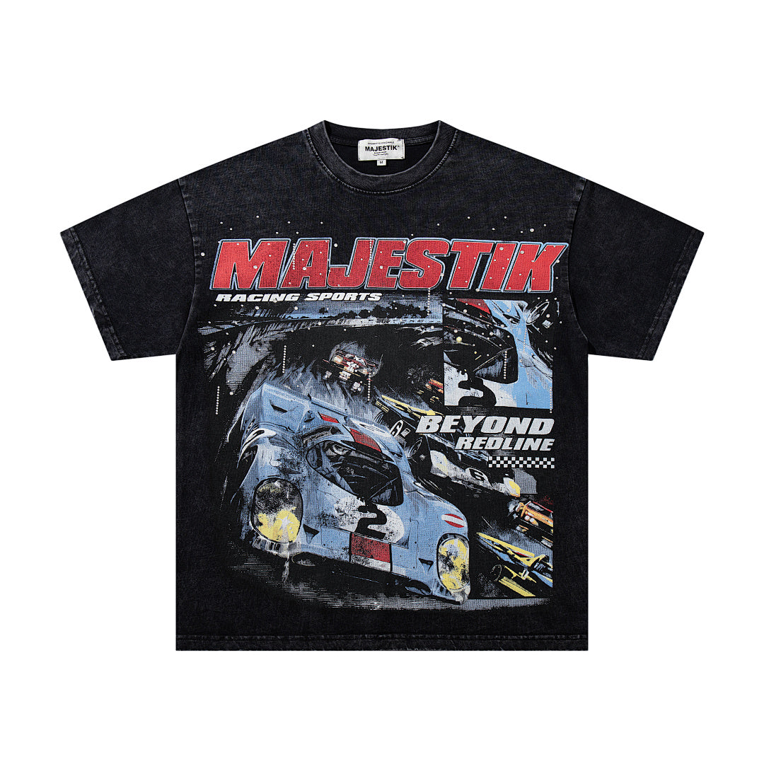 MAJESTIK Black Washed Vintage Motorcycle Racer Double‑Sided Graphic Band‑Style T‑Shirt