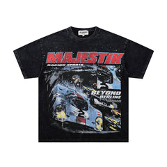 MAJESTIK Black Washed Vintage Motorcycle Racer Double‑Sided Graphic Band‑Style T‑Shirt