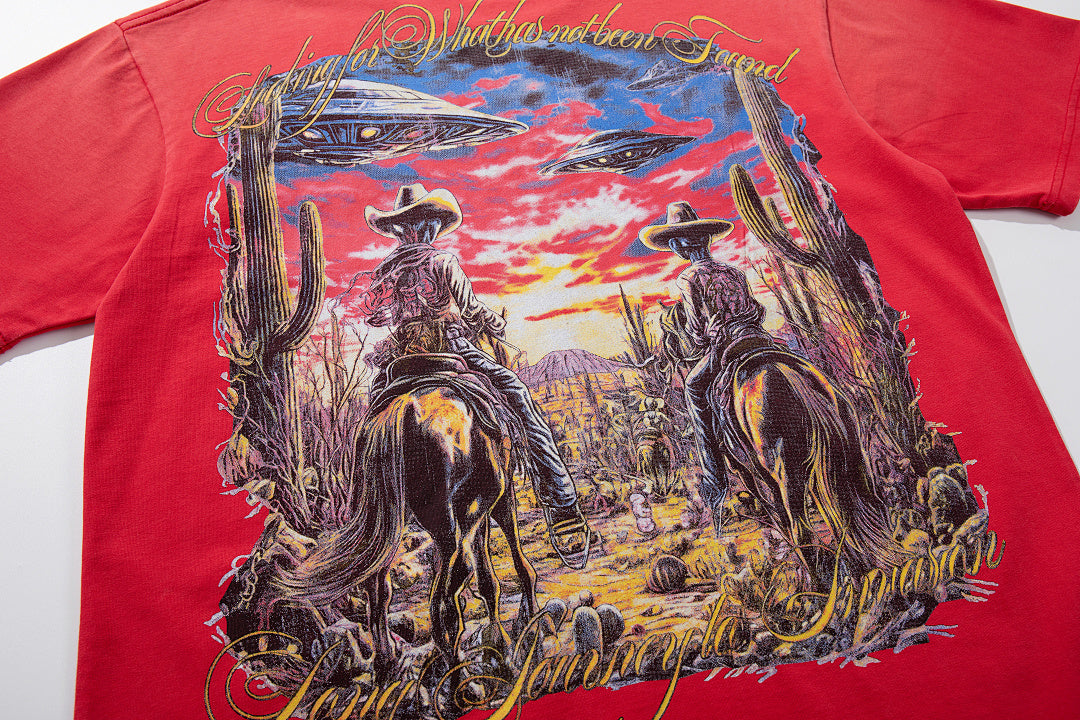 MAJESTIK Red Washed Vintage Western Cowboy Double‑Sided Graphic Band‑Style T‑Shirt