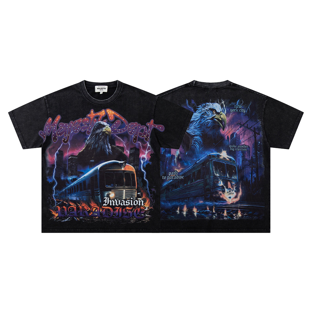 MAJESTIK Dark Castle Dragon Rock Vintage Graphic T‑Shirt