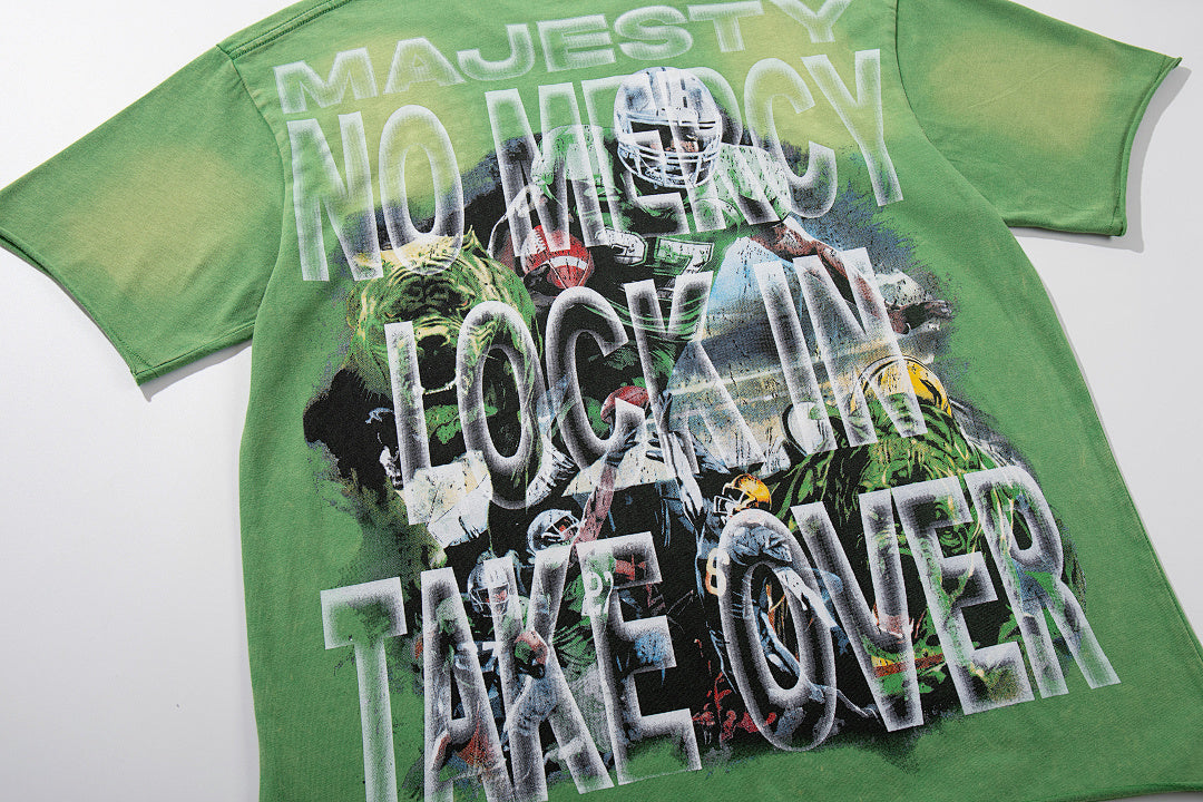 MAJESTIK Green Washed Vintage Football Athlete Double‑Sided Graphic Band‑Style T‑Shirt