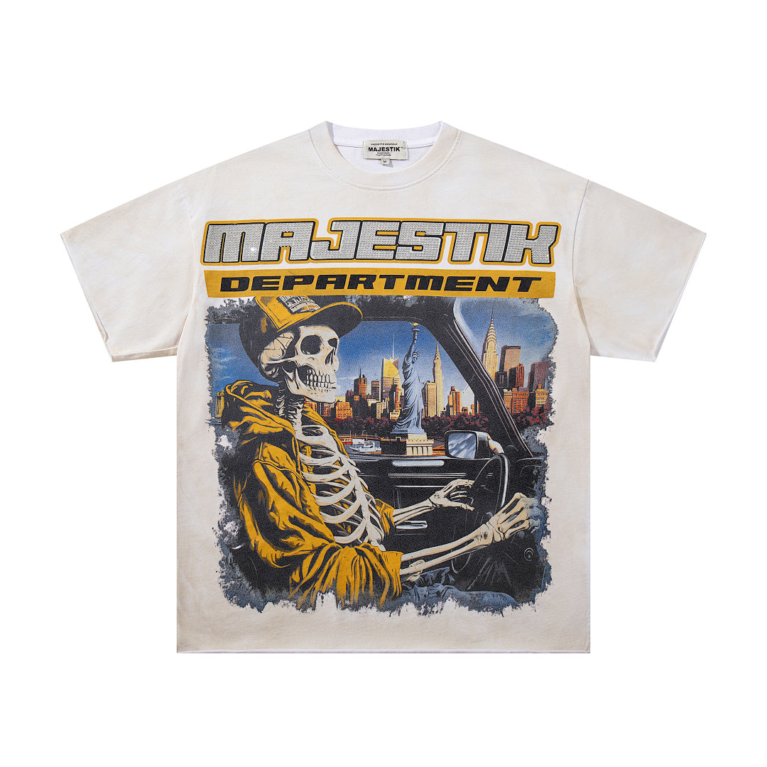 MAJESTIK Off‑White Washed Vintage Skeleton City Tour Graphic Band‑Style T‑Shirt