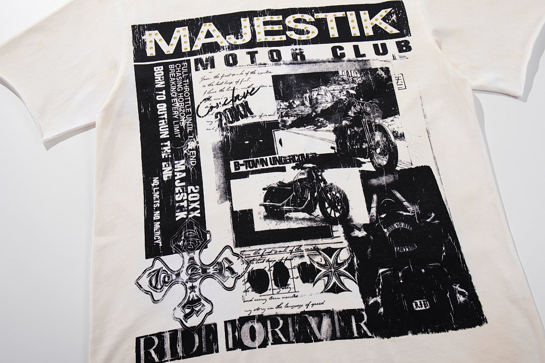MAJESTIK Off‑White Washed Vintage Black‑White Collage Band‑Style Graphic T‑Shirt