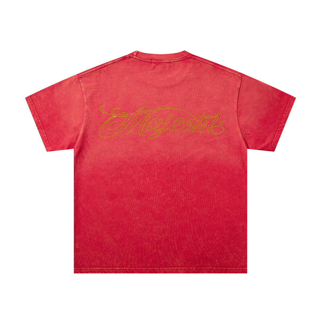 MAJESTIK Red Washed Monster Portrait Vintage Graphic T‑Shirt